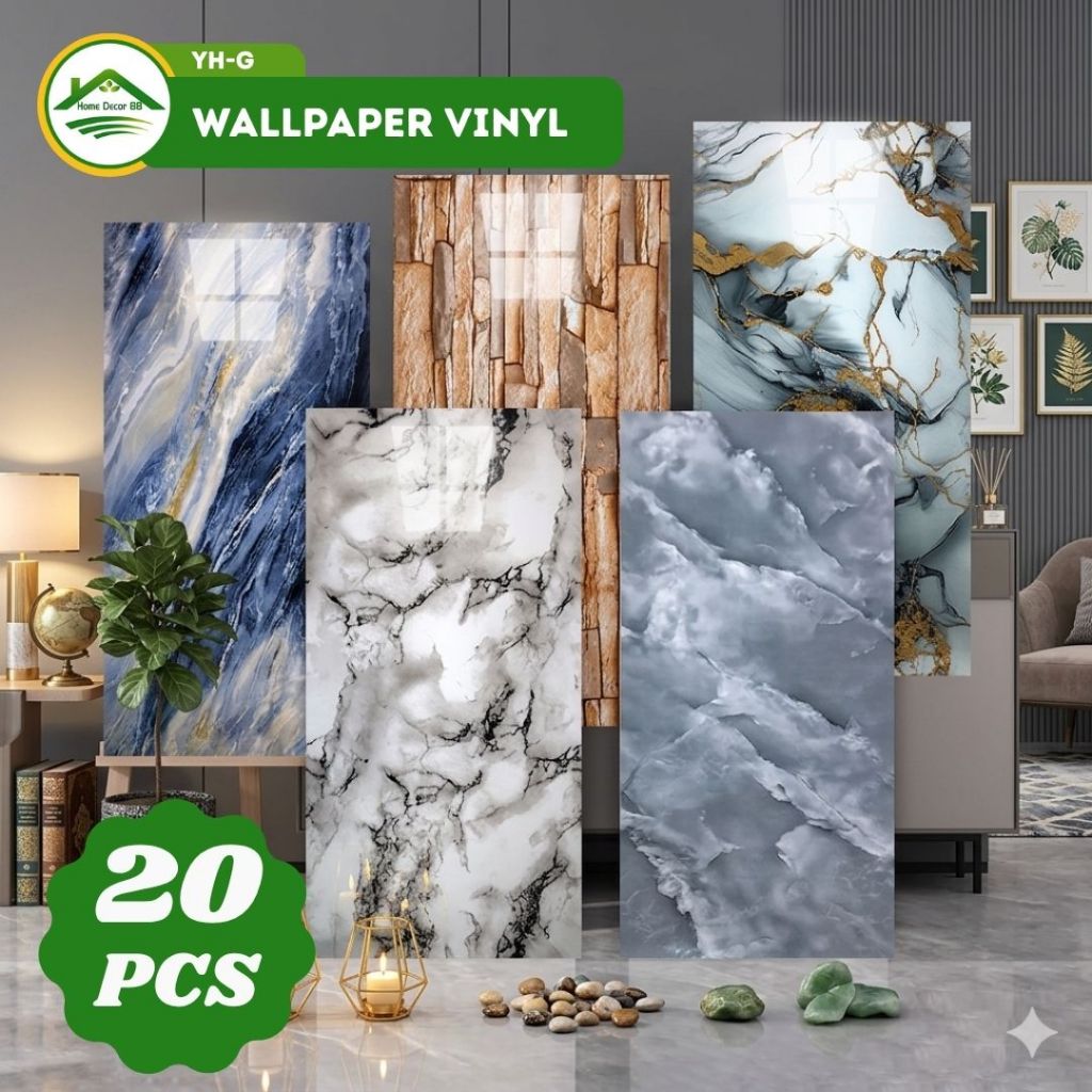 Wallpaper Vinyl 20 Pcs Motif Marmer & Batu Alam Modern, Dekorasi Dinding Elegan