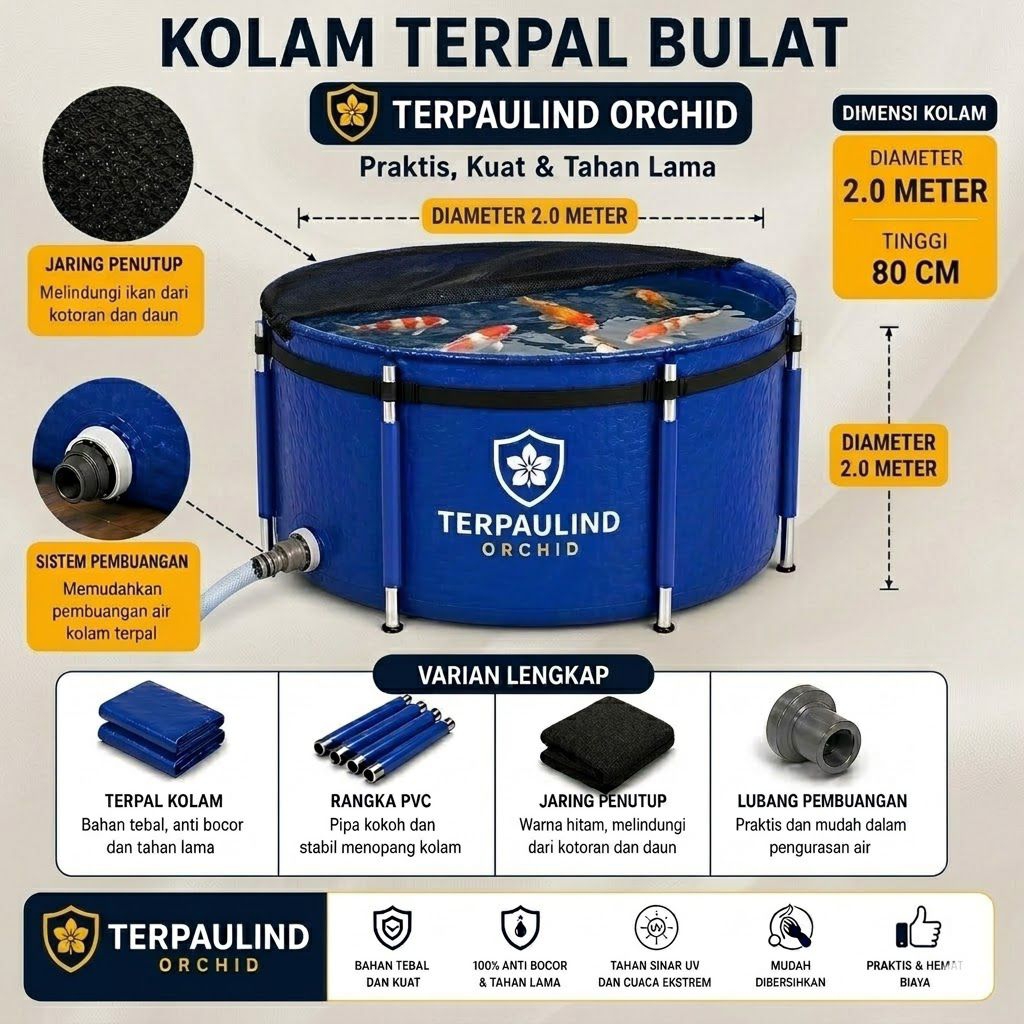 Kolam Terpal Bulat Diameter 2M Full set Untuk Ikan Bentuk Bulat Vat Merk Orchid Full set Kerangka