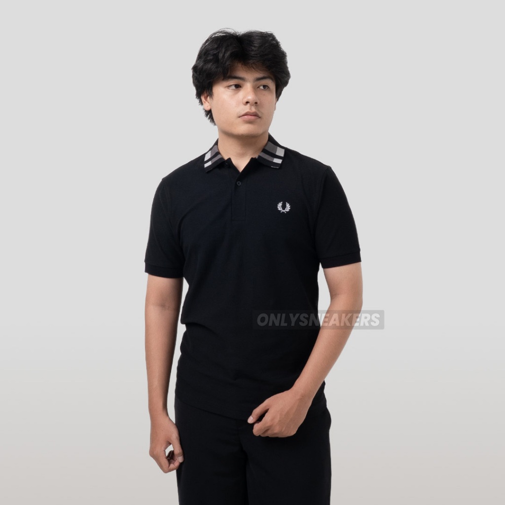 FRED PERRY CHEQUERBOARD COLLAR POLO BLACK GREY