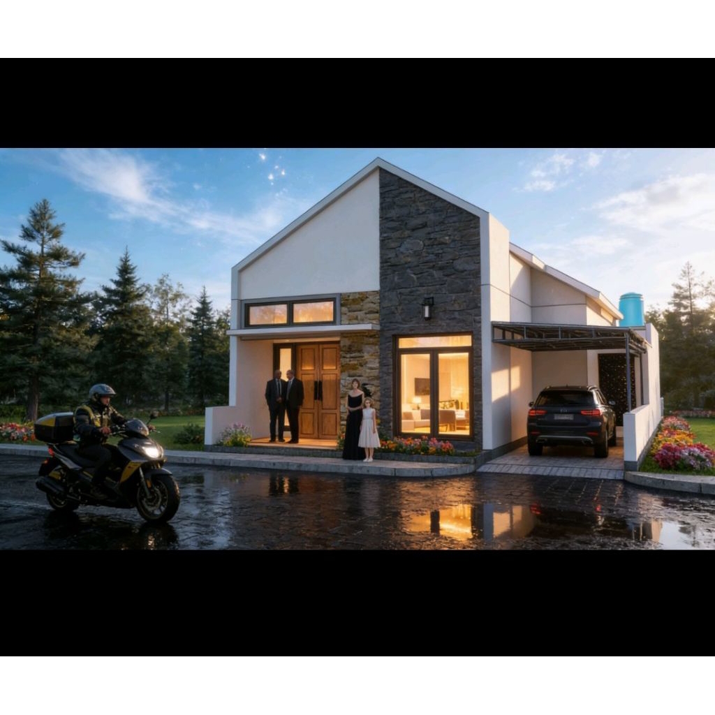 Paket desain rumah scandinavian 8x14 meter, 3 Kamar tidur + musola, gambar 3D lengkap. jasa desain r