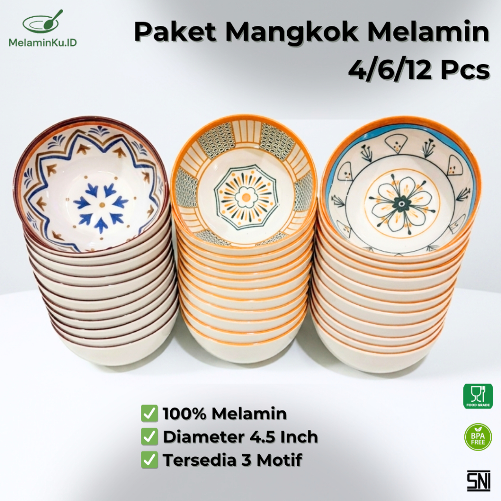 Mangkok Kecil Melamin 4.5 Inch Isi 4/6/12 Pcs 1 Lusin Motif Estetik Tahan Panas Untuk Nasi BPA Free 