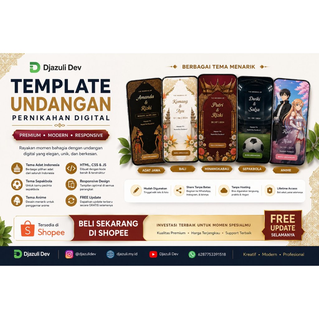 Template Undangan Pernikahan Digital HTML CSS Tema Adat Jawa, Minang, Dayak, Suku Indonesia, Sepakbo