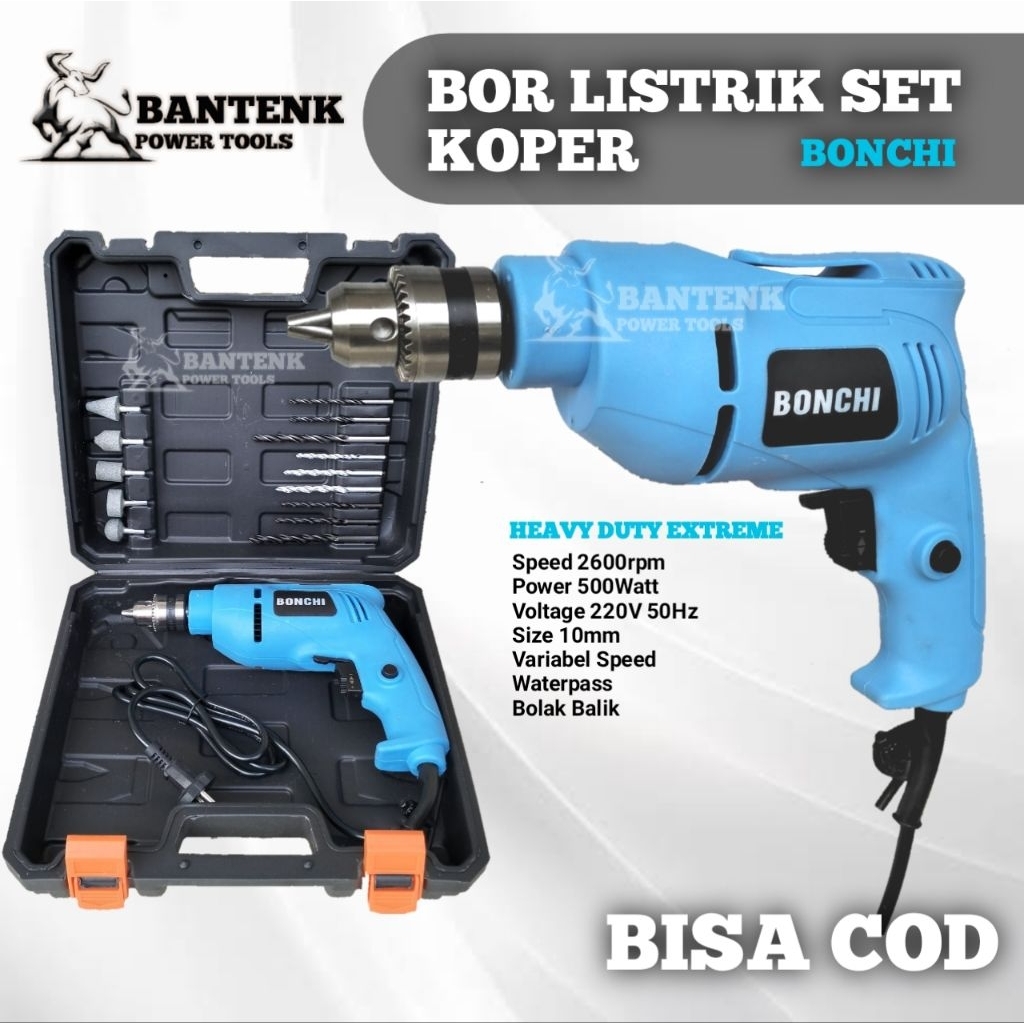 Mesin Bor Bolak Balik 10mm 480W dengan Koper Lengkap untuk Kayu Besi Tembok Baja Ringan