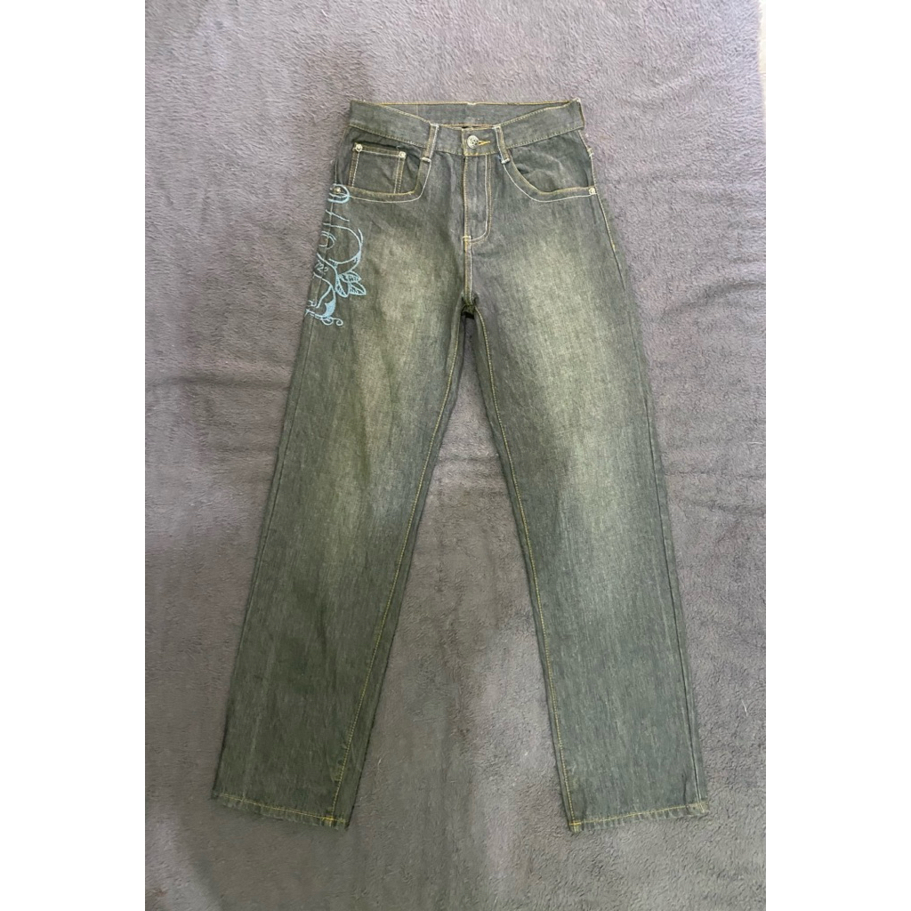 Ecko UNLTD Jeans Black Gray Baggy All Over Y2K AOP Embroidered Pockets