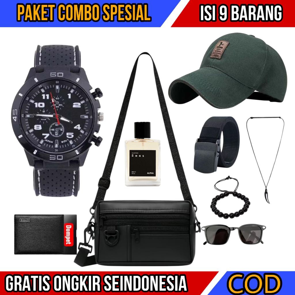 TERLARISS Paket Komplit 9 in 1 Set Aksesoris Cowok Pria Unisex Stylis Elegan Istimewah Tas Selempang
