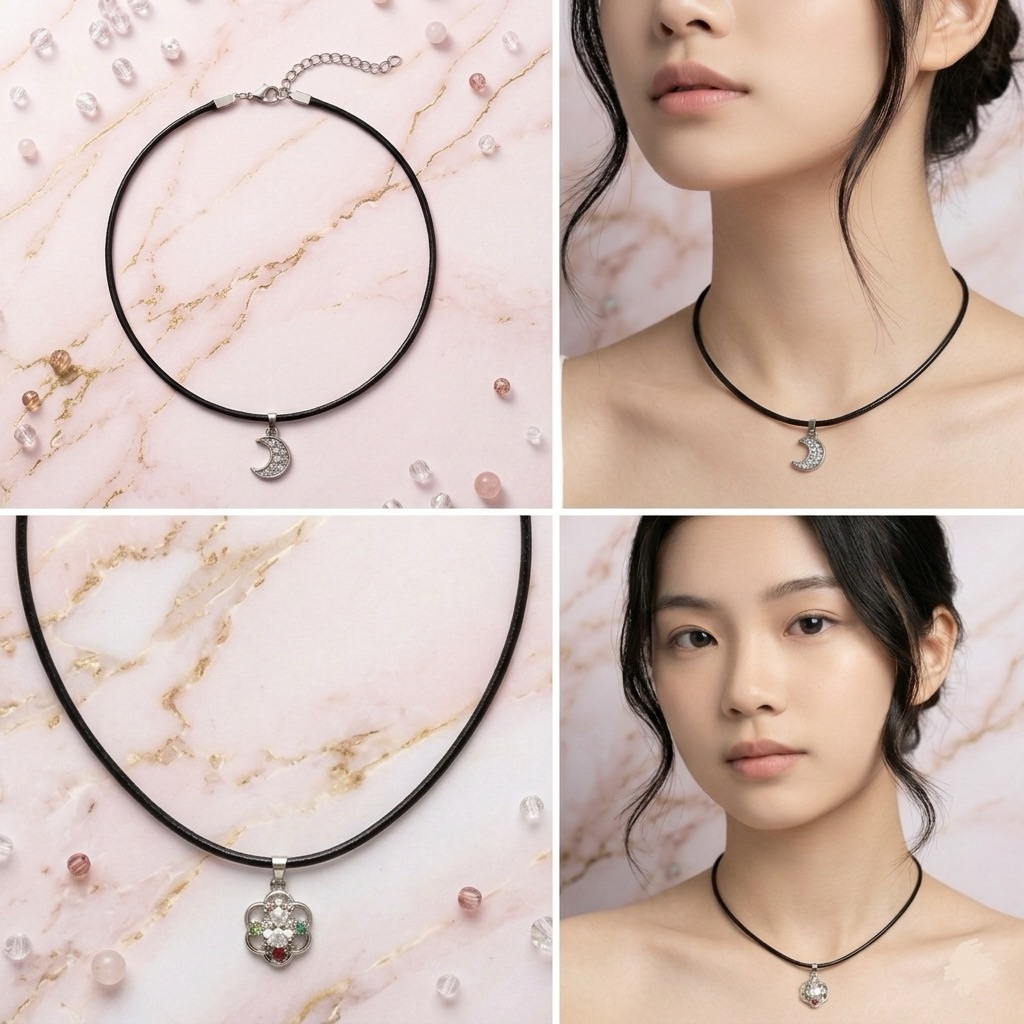 kalung choker wanita silver diamond pendant necklace choker tali hitam