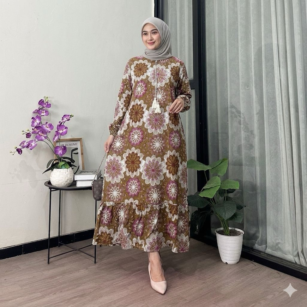 Midi Dress Khansa bahan rayon tebal  Ld110 & 120 Bahan Adem Gamis Rayon Daily Daster Rumahan Lengan 