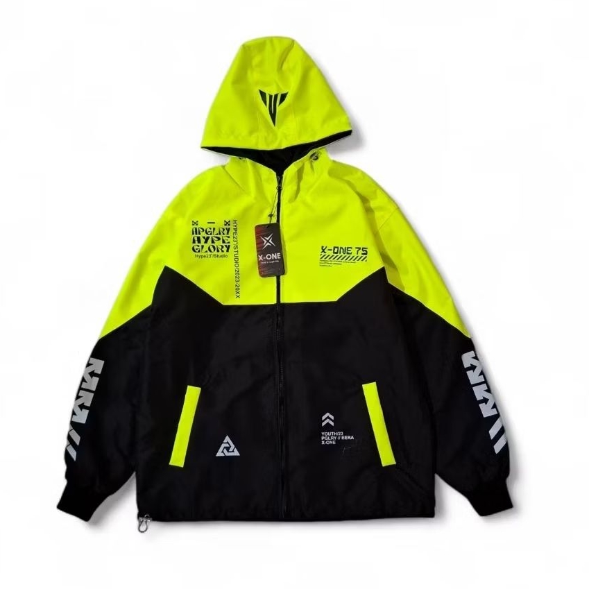 Jaket Parka Dewasa HypeGlory X One Black Neon & Black White Taslan Waterproof
