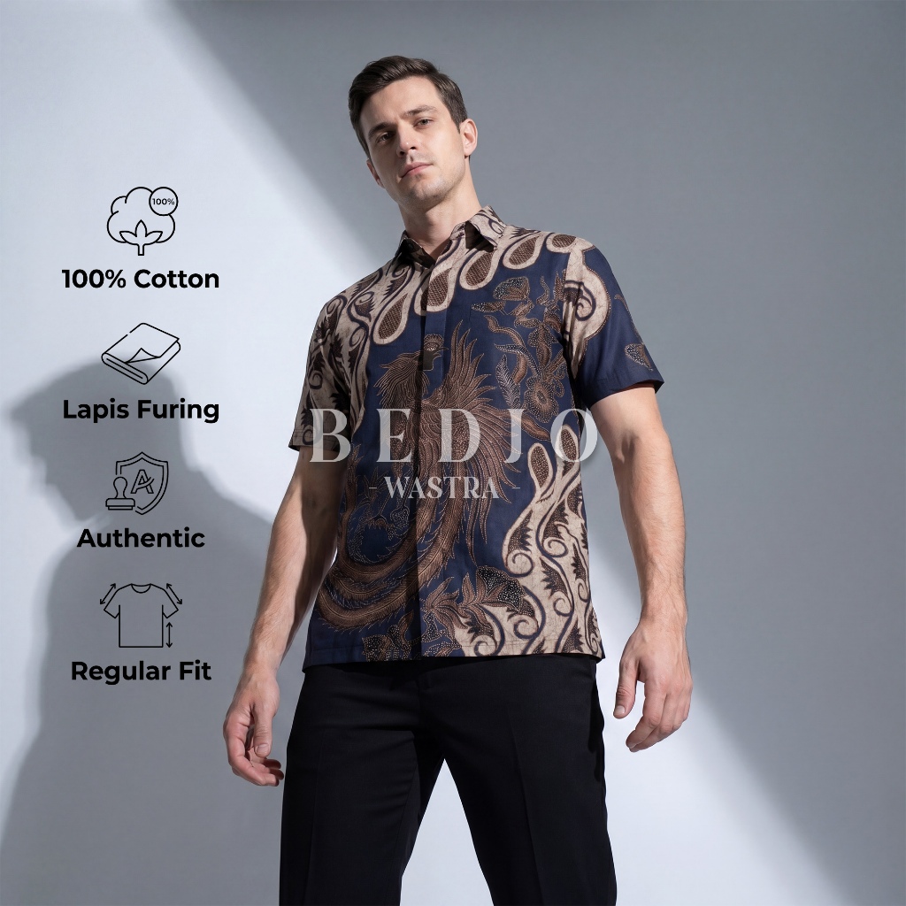 kemeja batik pria lapis furing ekslusive lengan pendek parang barong burung warna biru navy dark blu