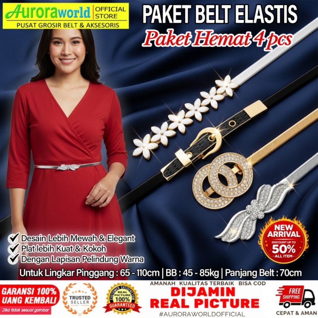 Auroraworld - Belt fit S to XXXL  isi 4 Paket Usaha Grosir Sabuk Wanita Elastis Super Mewah Ikat Pin