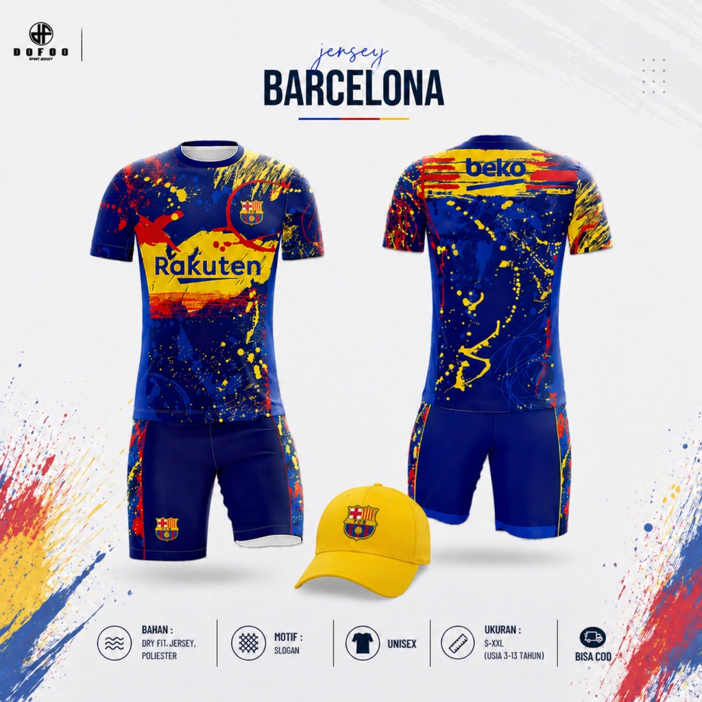 DOFOO - Setelan Jersey Anak Barcelona Bahan Polyester Dry fit Sublimasi Usia 3-13 Tahun & Topi Baseb