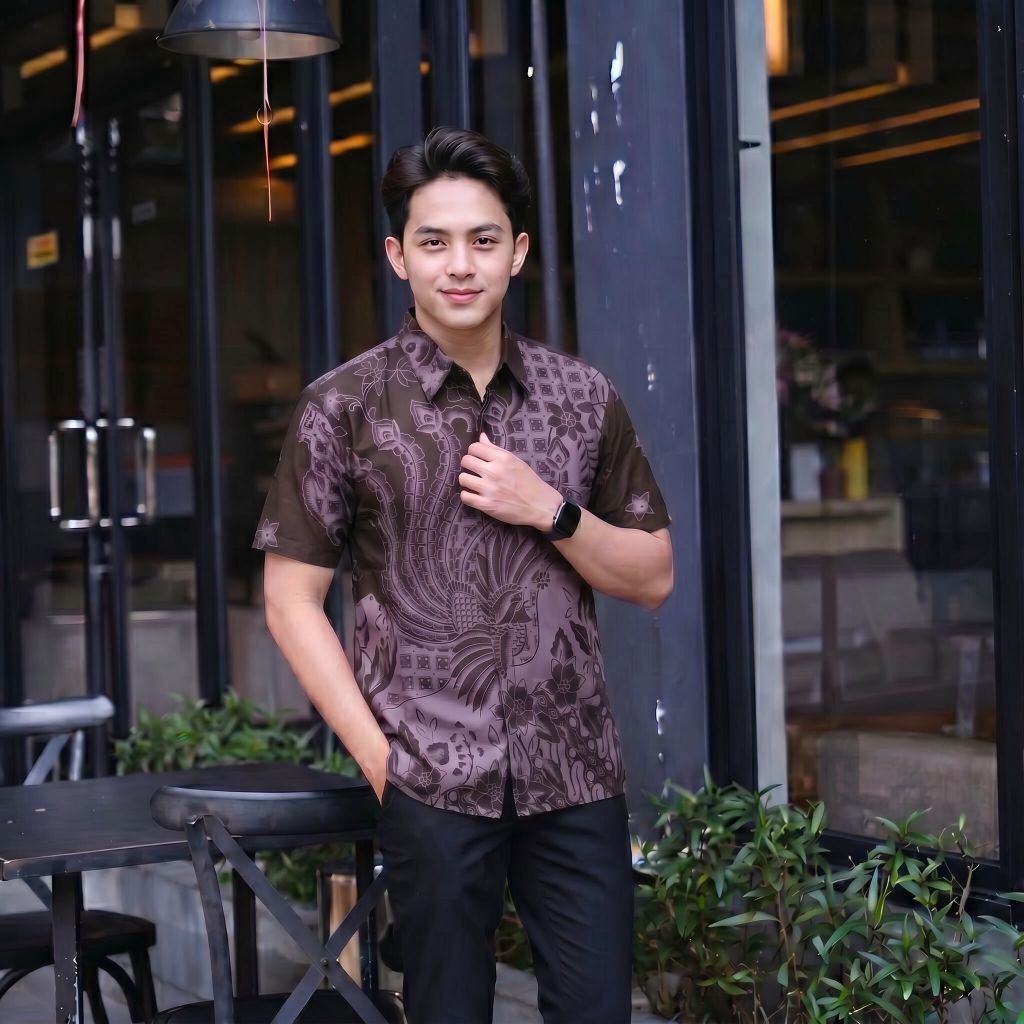 Warna Coklat Mahogany Kemeja Batik Pria Modern Original Slimfit Lengan Panjang Lengan Pendek Lapis F