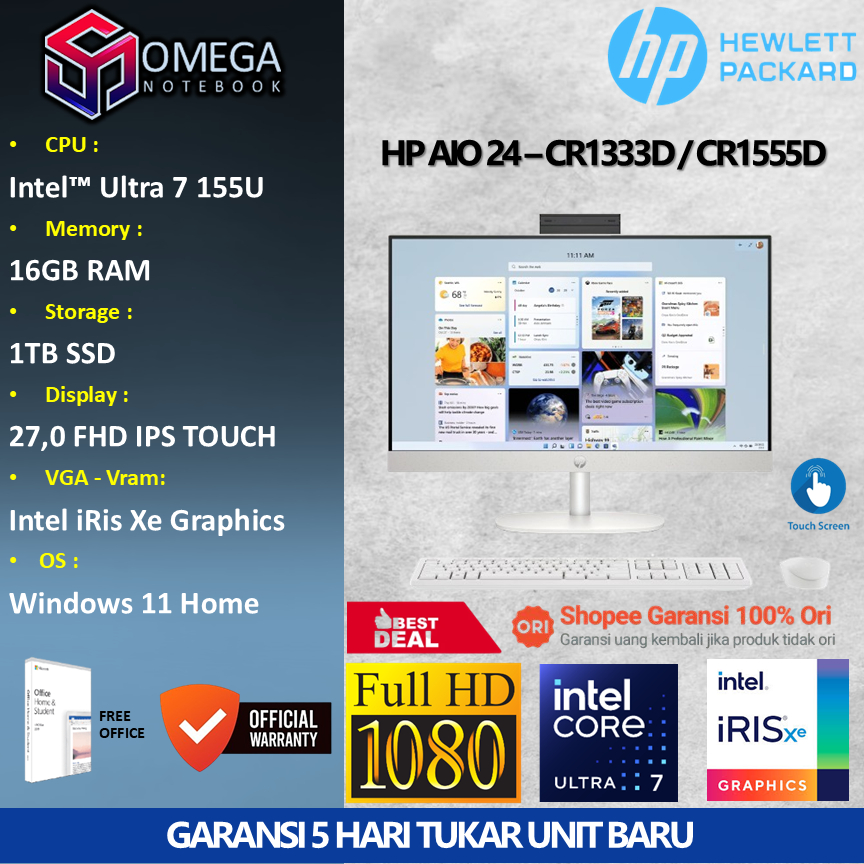 PC HP AIO 27 CR1333D TOUCH Ultra 7 155U 16GB 1TB iRis Xe 27,0 FHD Windows 11 + Office