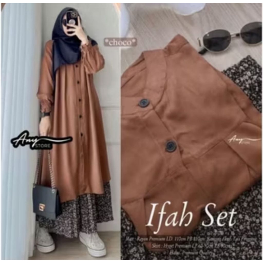 Setelan rok plisket & long tunik rayon twill adem