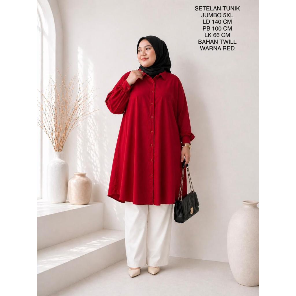 Setelan Tunik Jumbo Ld 140 Cm Warna Merah Putih Model Polos Kekinian - Anaya Set Bigsize