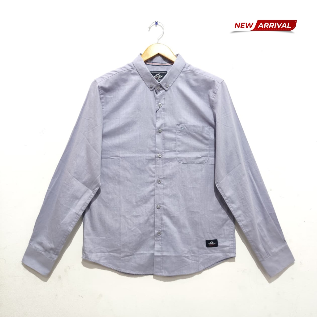 ROLUN Kemeja Casual Pria Polos Slim Fit Abu Biru Lengan Panjang CS451281