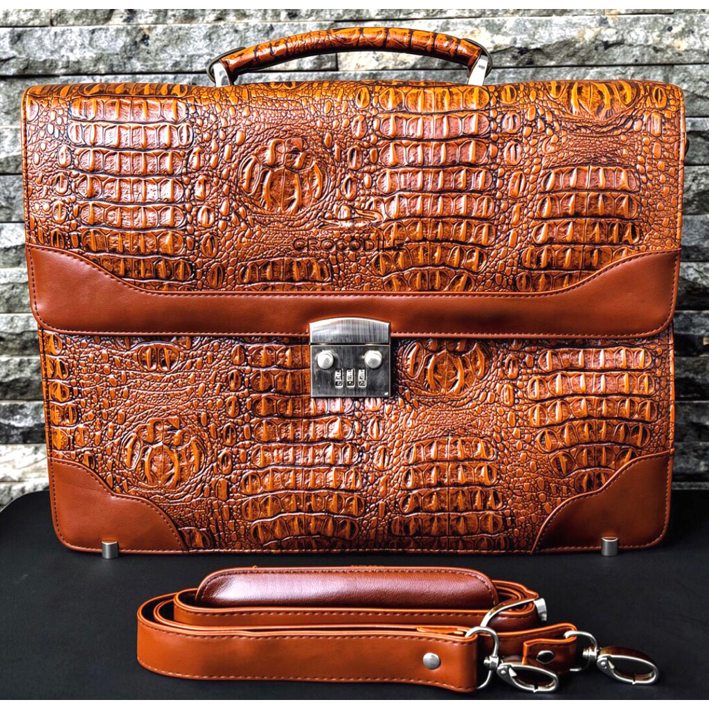 Crocodile Soft Sided Brief Case With Lock and Key High End Case / Tas Pria Crocodile / Tas Laptop Ku