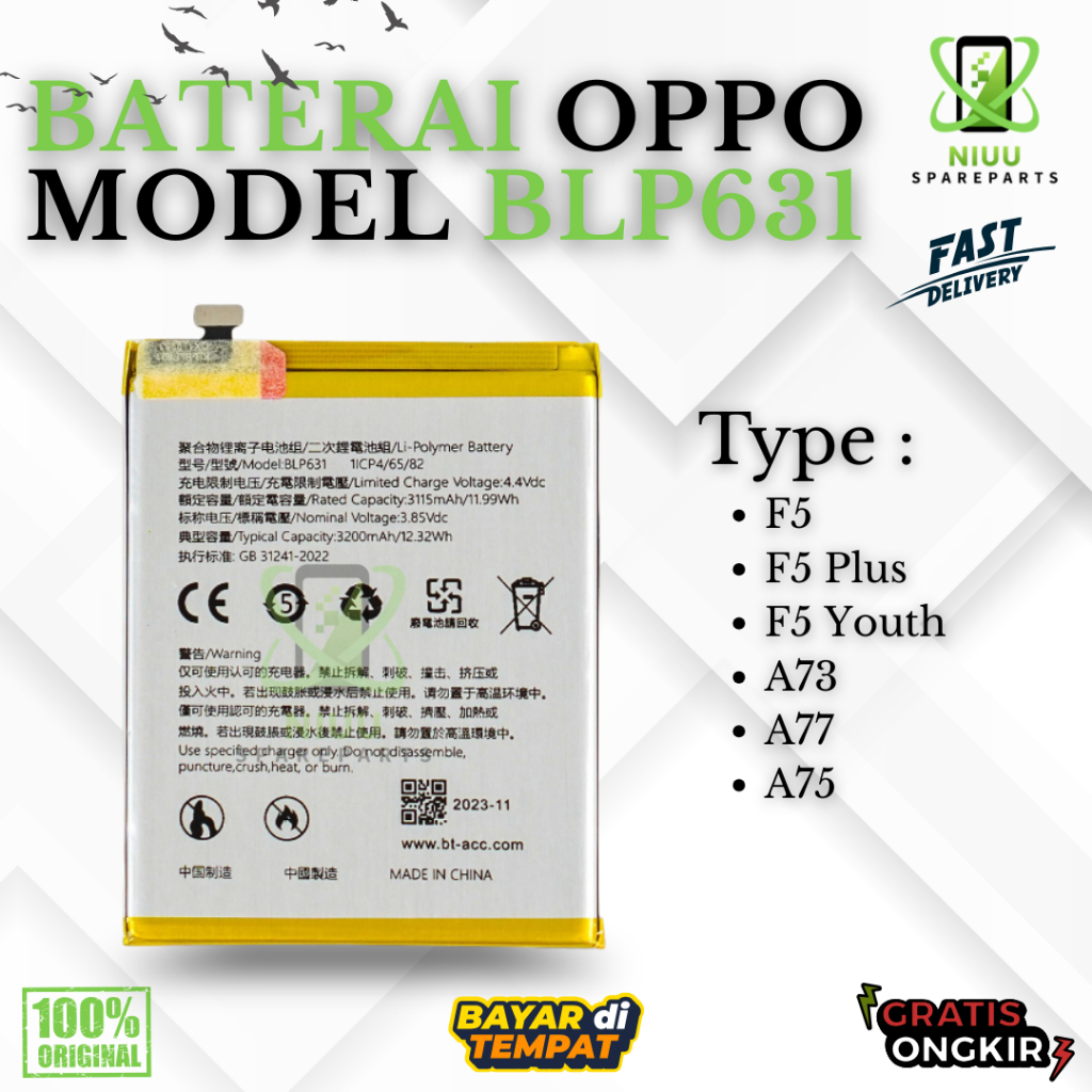 BATERAI BATTERY OPPO BLP631 F3 / F5 / F5 YOUTH / A73 / A77  DOUBLE [IC POWER] ORIGINAL