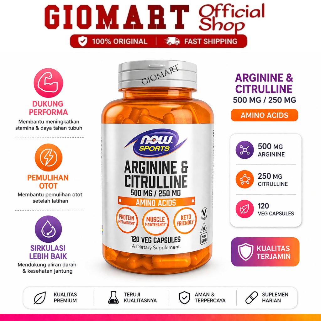 NOW Foods Sports Arginine & Citrulline 120 Veg Capsules - Suplemen Fitness Amino Acid Stamina Pria &