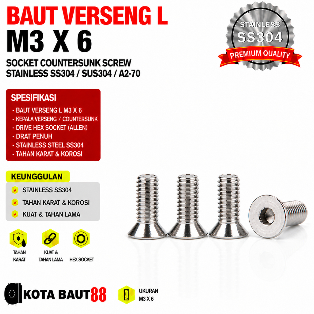 Baut Verseng L M3X6 / Baut JFL 3X6 / Countersunk L M3 X 6 / 3 X 6  - Socket Countersunk Screw Stainl
