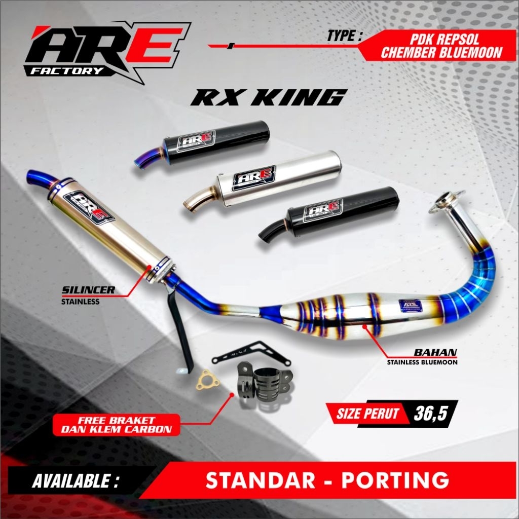 knalpot rx king kolong pdk repsol bluemon bahan stainless ukuran perut 37 suara garing original ARE