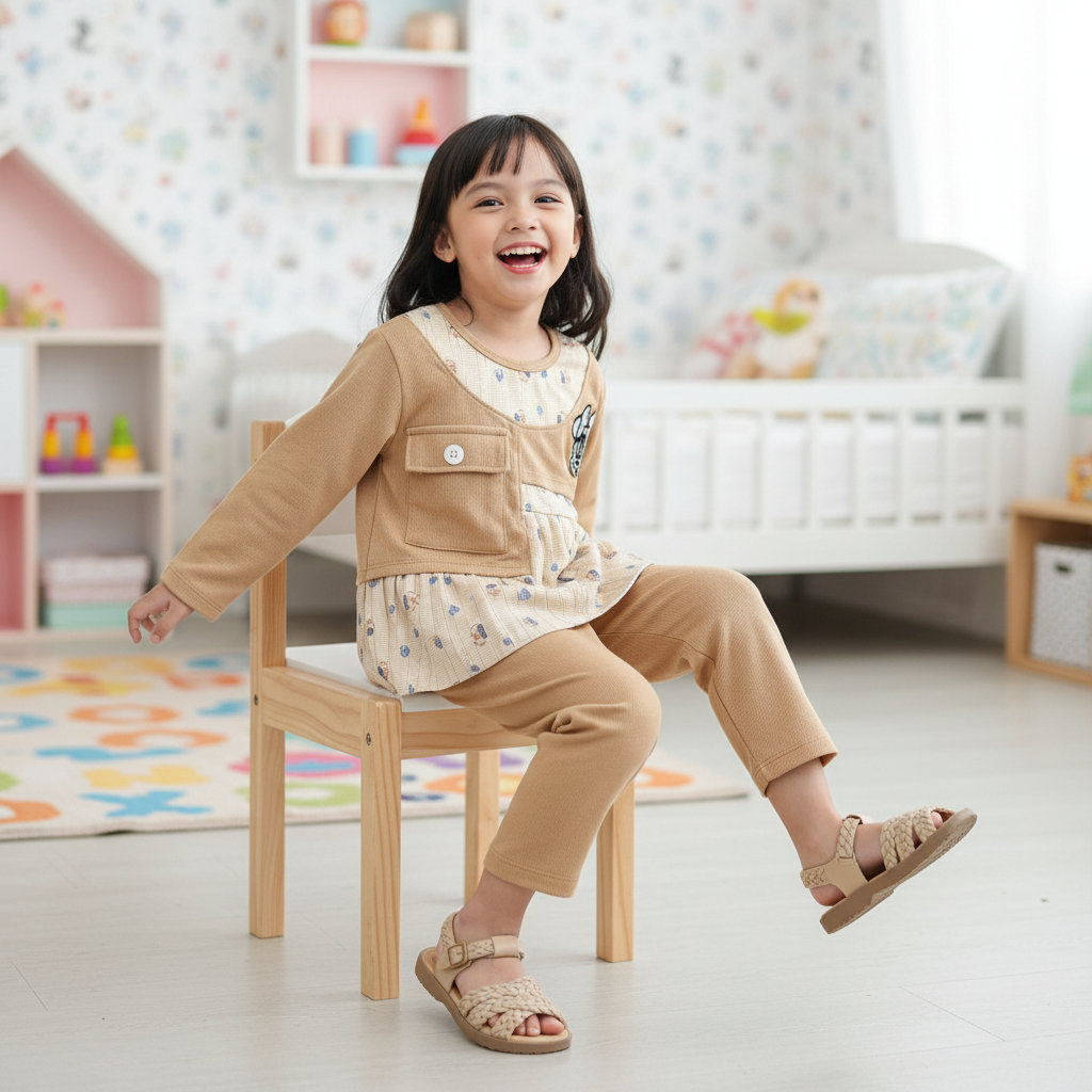 One Set Anak Perempuan Ranty Setcel Bahan Knit Japan Kombinasi Crinkle Motif Bunga