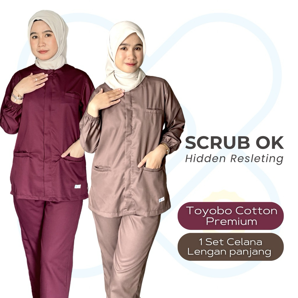 Baju OK Resleting Hidden Set Lengan Panjang CELANA/ Baju jaga Toyobo/ Scrub Dokter/ Scrub Medis S - 