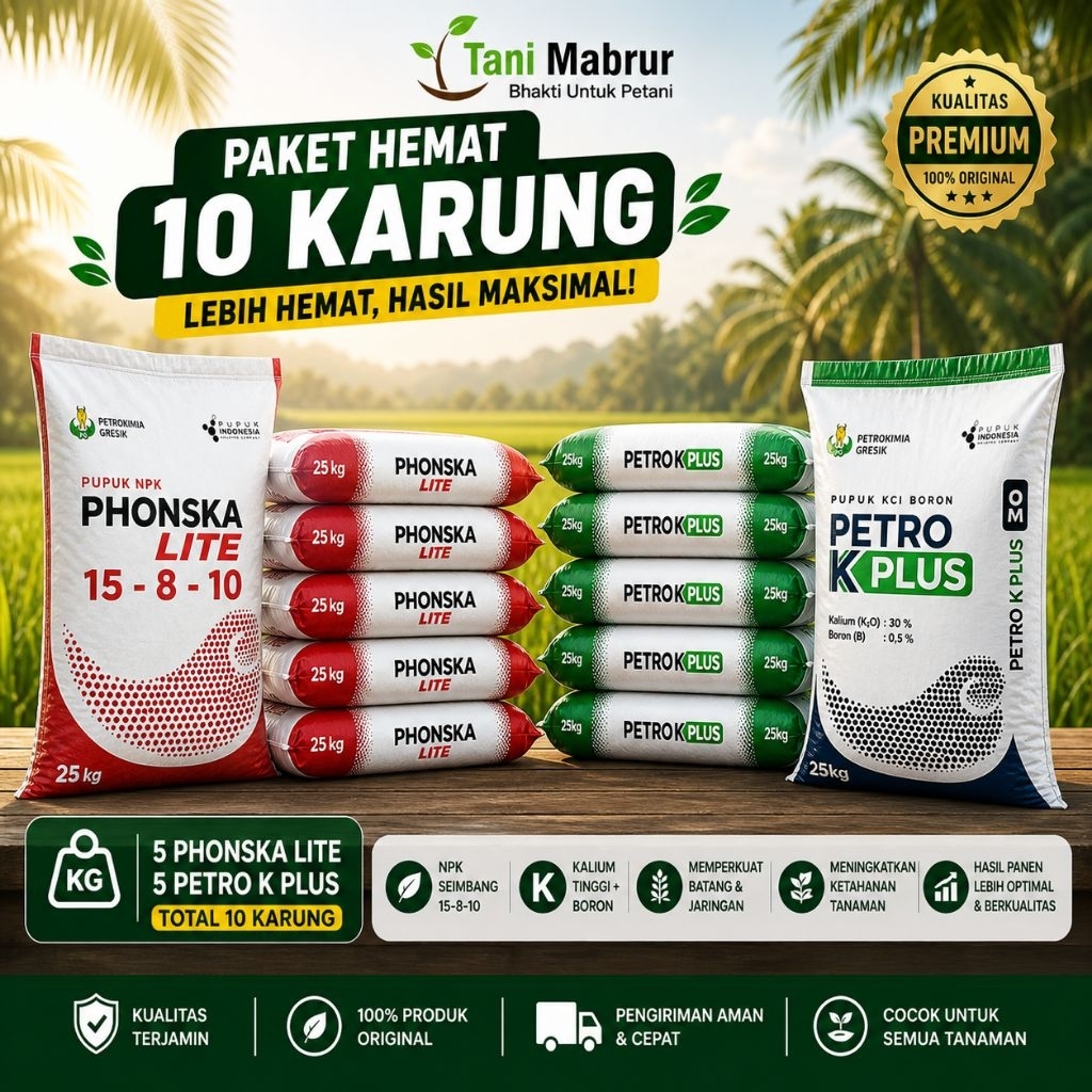 Paket Hemat 10 Karung Phonska Lite + Petro K Plus NPK KCL Boron Untuk Pertumbuhan Dan Pembuahan