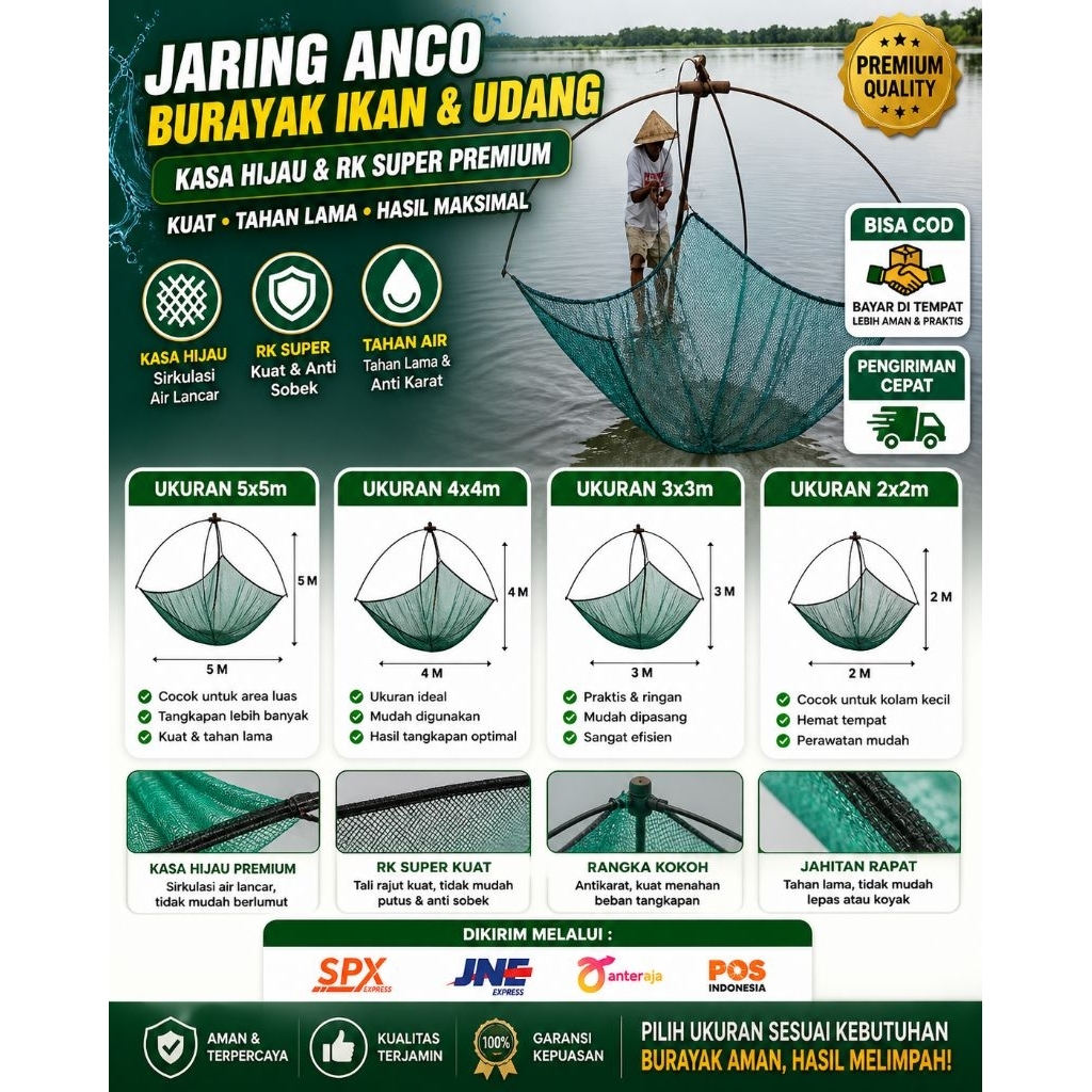 jaring Hanco Anco sirib ikan ukuran besar 5x5m siap pakai