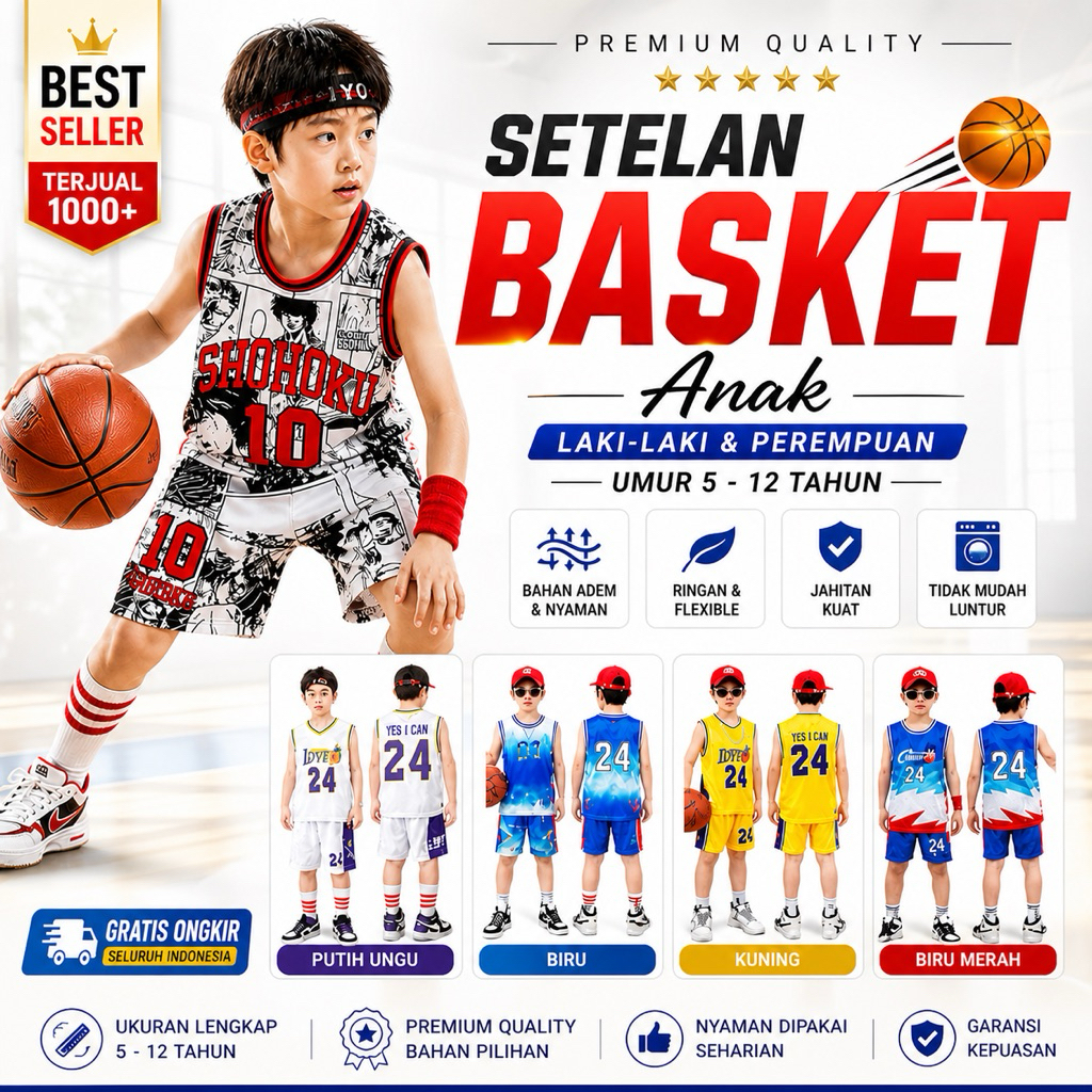 Setelan Jersey Basket Anak Premium Quick Dry | Baju Basket Anak Laki Perempuan 5–Remaja | Setelan Ol