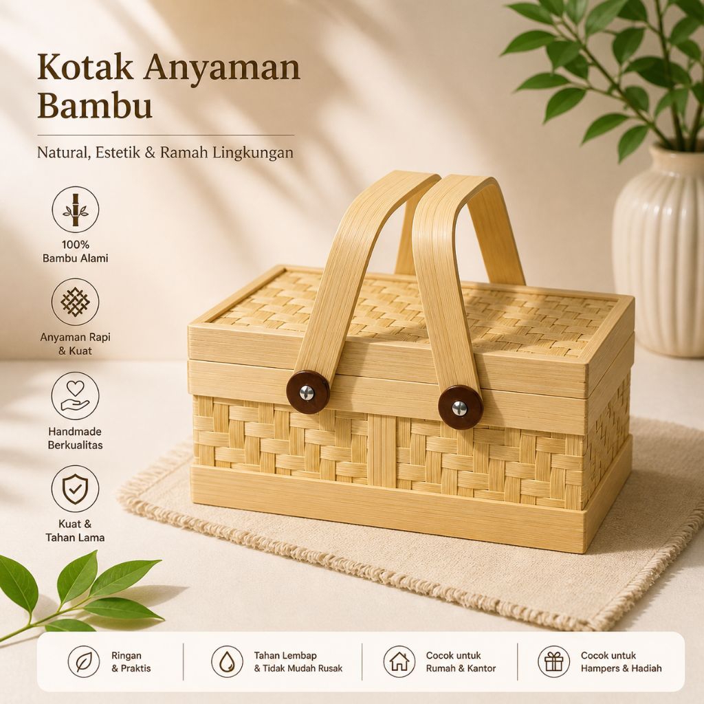 Box Bambu 22x22 Tinggi 10 cm - Wadah Nasi Box Anyaman - Kotak Hampers Makanan Rapi