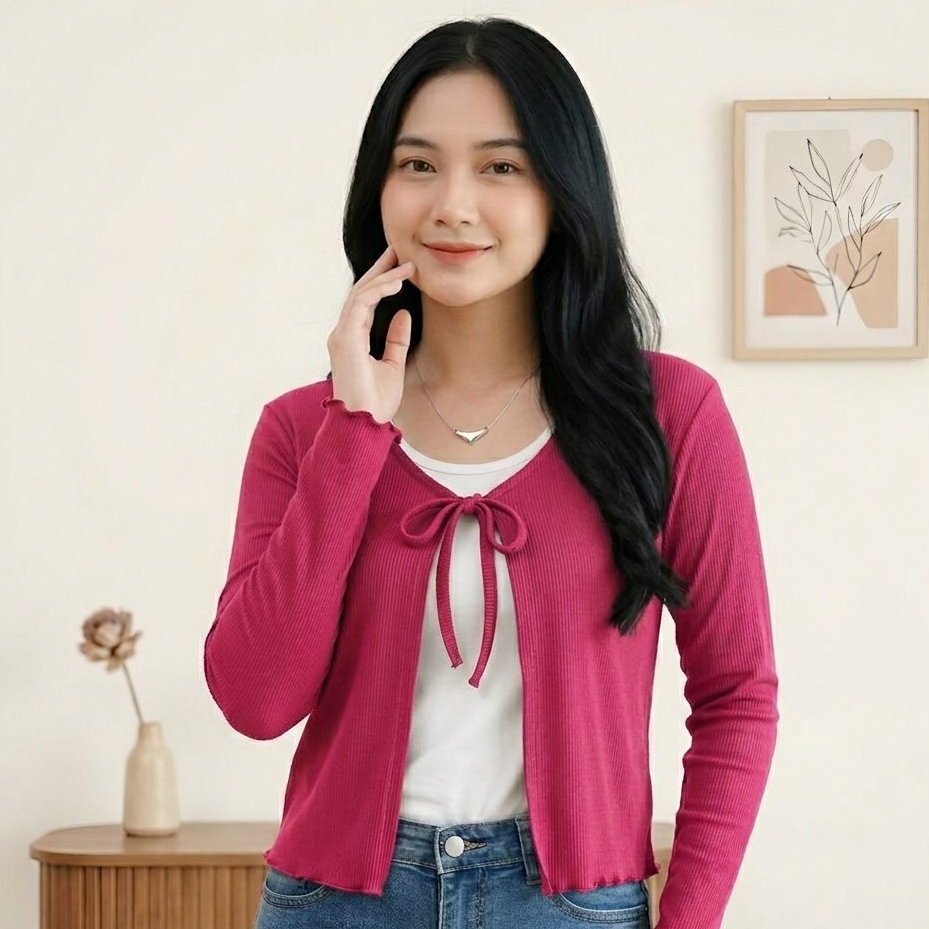 Cardigan outer Crop Top Wanita Lengan Panjang Polos Model Tali Depan
