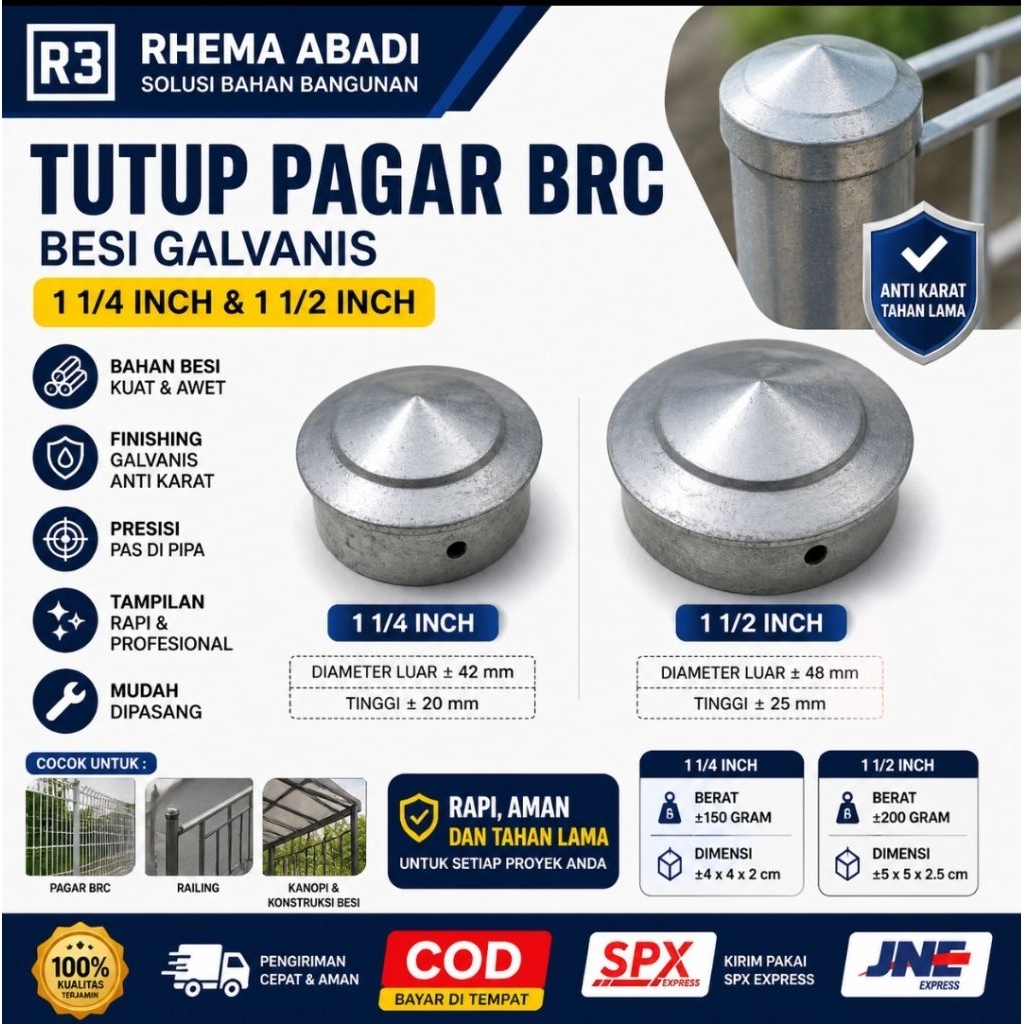 Tutup Pagar BRC Besi Galvanis 1 1/4 Inch dan 1 1/2 Inch Tutup Pipa Bulat