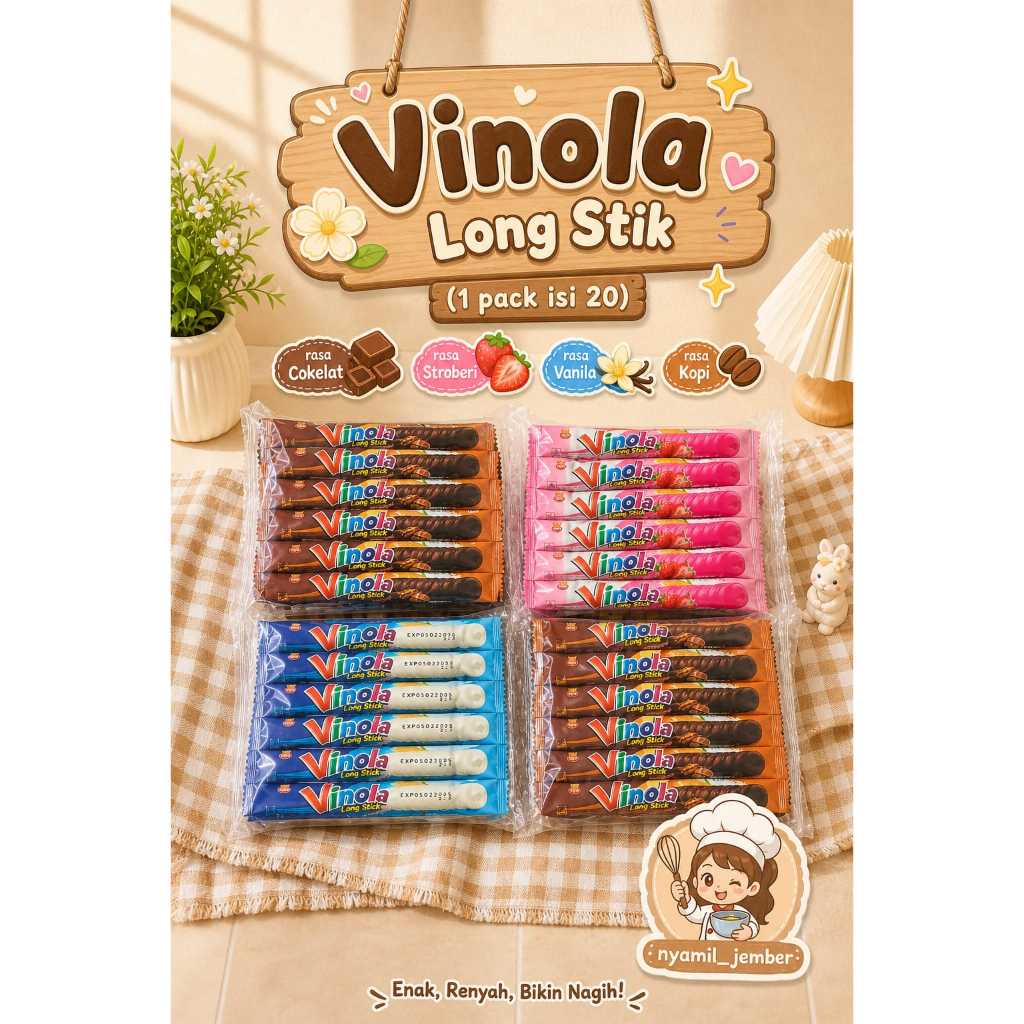 (20 PCS) DUO VINOLA LONG STIK LAPIS KRIM- STIK RASA COKLAT STROBERI VANILA KOPI