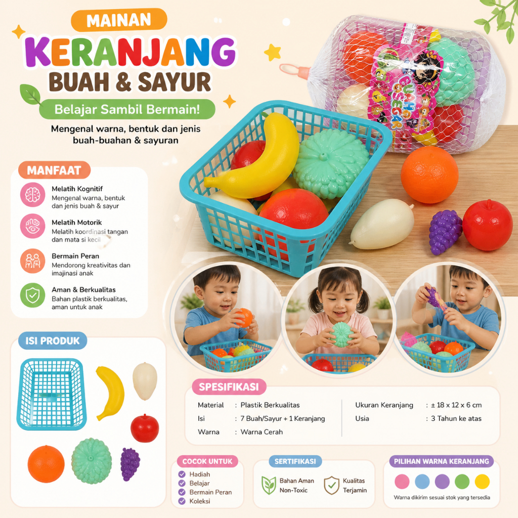 Mainan Anak Buah Segar Keranjang - Buah-Buahan Keranjang Anak - Mainan Buah Keranjang Isi 7 SNI