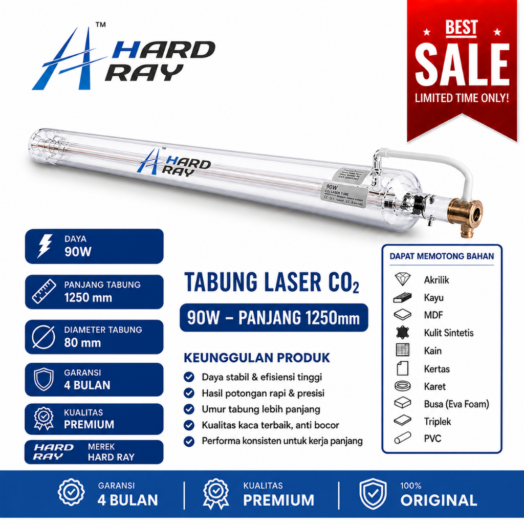 Tabung Laser CO2 90W HardRay Original | Laser Tube CNC Cutting Akrilik Kayu MDF | Garansi 4 Bulan | 