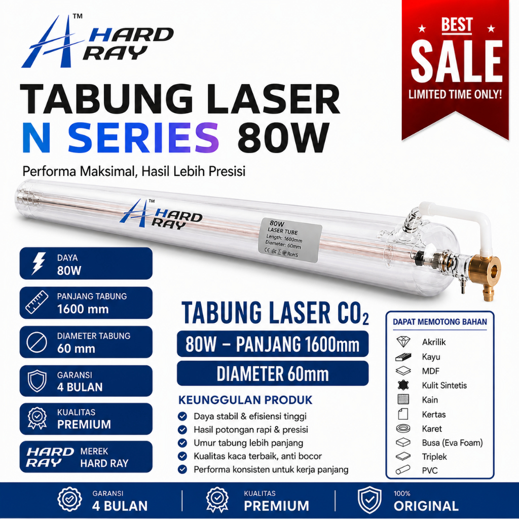 Tabung Laser CO2 80W Hardray Original | Laser Tube CNC Cutting Akrilik Kayu MDF | High Power Presisi