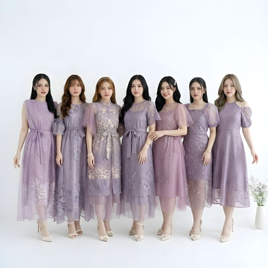 Dress Wanita Warna Taro Gaun Pesta Brukat Tile Mewah Baju Seragam Bridesmaid Warna Mauve Zh