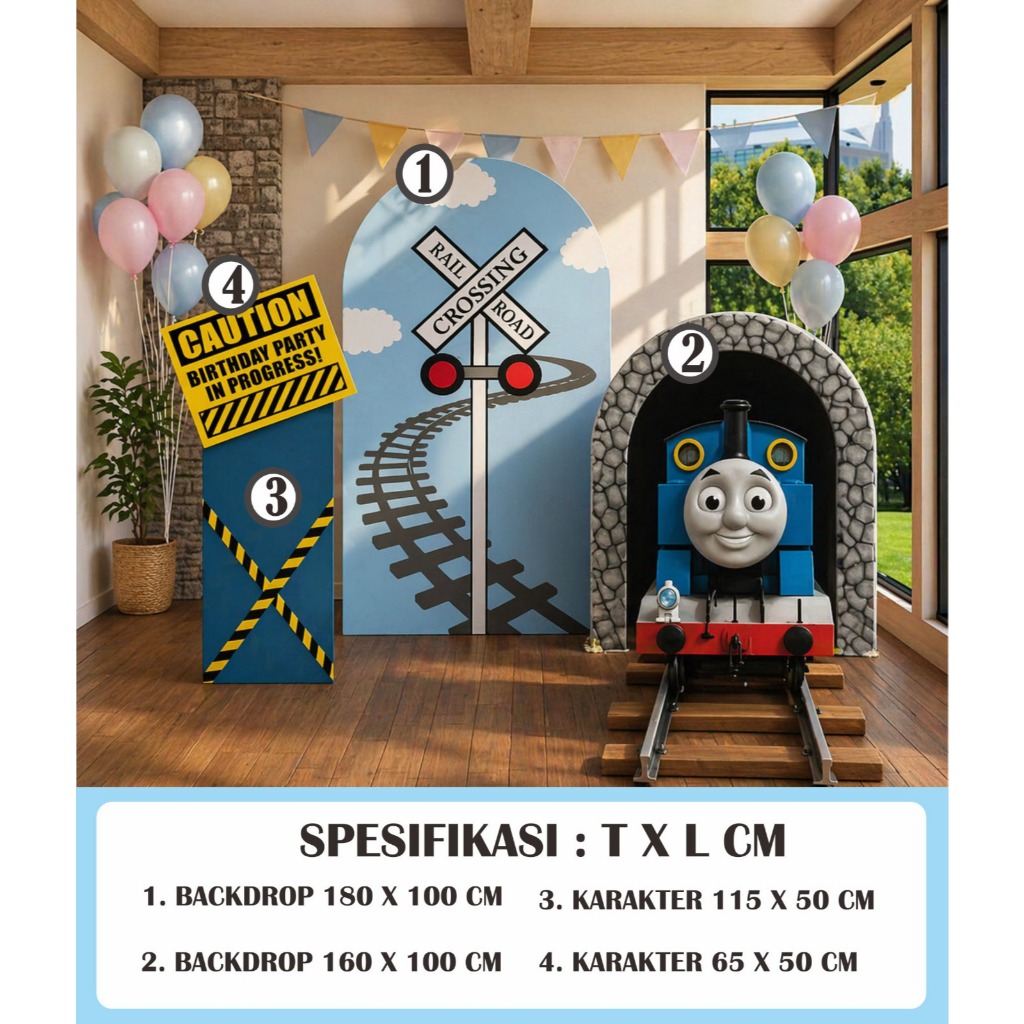 PAKET DEKORASI KERETA THOMAS STANDING KARAKTER DAN BACKDROP ULANG TAHUN