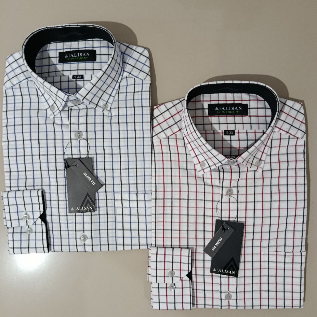 LENGAN PANJANG ALISAN Kemeja Pria Motif Kombinasi Kotak Biru/Merah Slimfit
