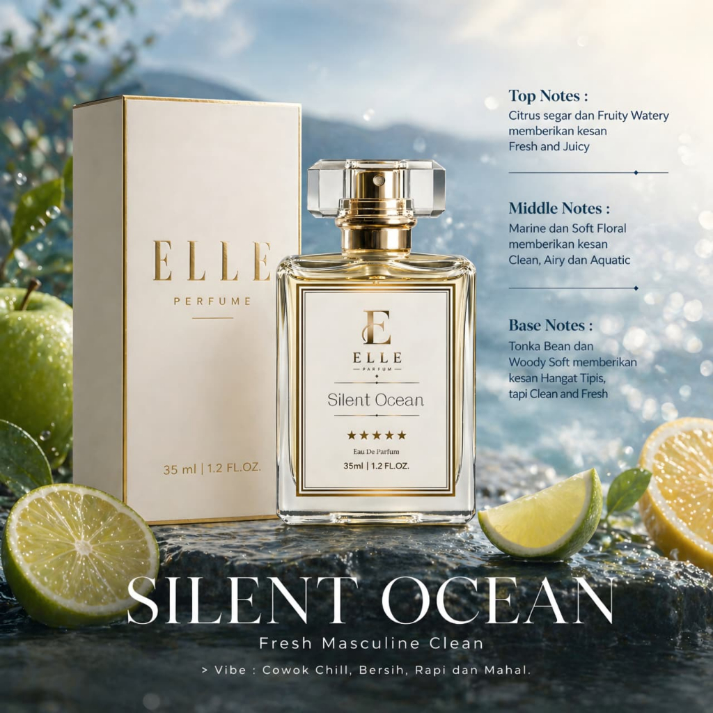 Parfum Pria Tahan Lama ELLE Silent Ocean 35ml – Fresh Marine Citrus, Wangi Cowok Clean Maskulin Eleg