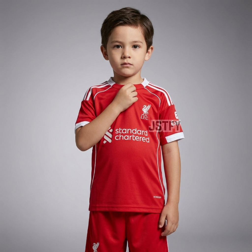 KIDS Jersey Lvrpl Home 2025 2026 Baju Bola Warna Merah Anak Patch Premier League UCL Custom Nameset 