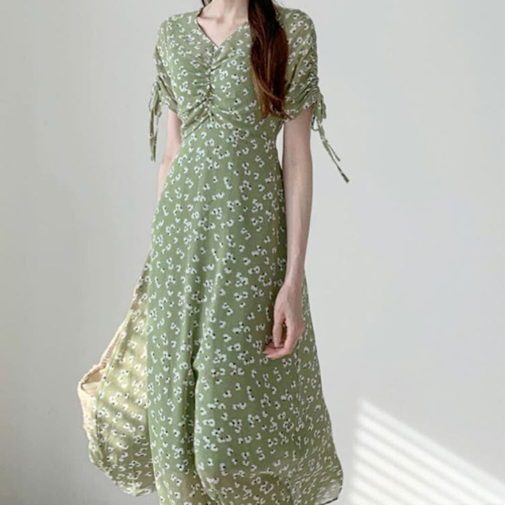 Midi Dress Sifon Motif Bunga Hijau / Green Floral Midi Dress