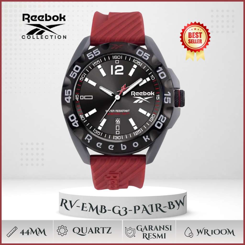 Jam Tangan Reebok RV-EMB-G3-PAIR-BW Hitam Merah Sport Date 100M Original