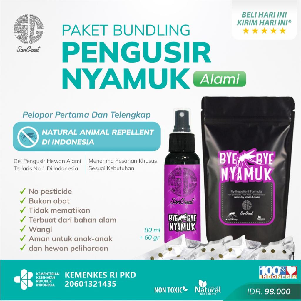 Anti nyamuk alami untuk anak-anak SanGreat Bye Bye Nyamuk gel 60 gr dan spray 80 ml non pestisida mi