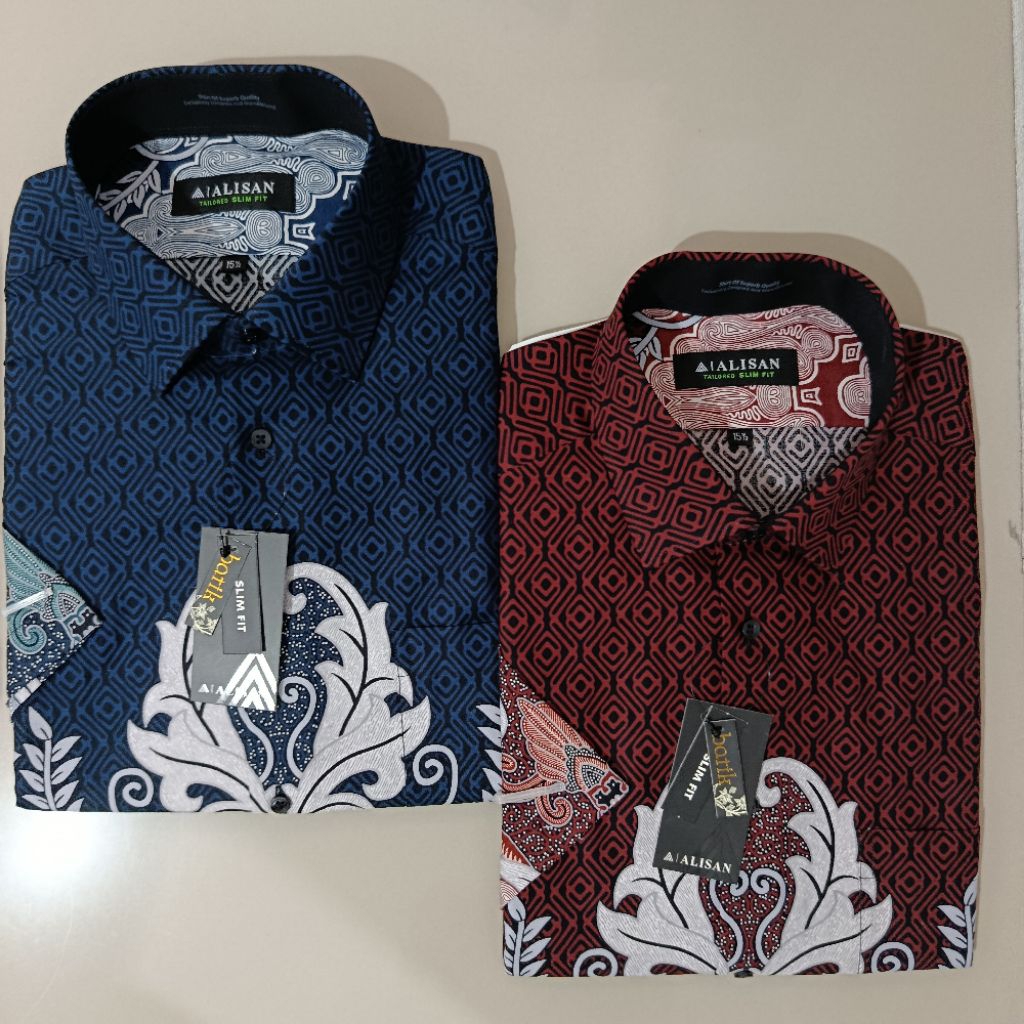 LENGAN PENDEK ALISAN Batik Pria Motif Daun Maroon/Biru Slimfit