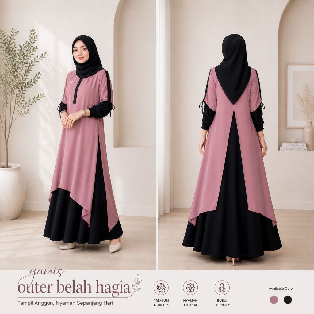 Gamis Outer Belah Hagia Bahan Anti UV & Ceruty Baby Doll Elegan Modis Busui Friendly Wudhu Friendly