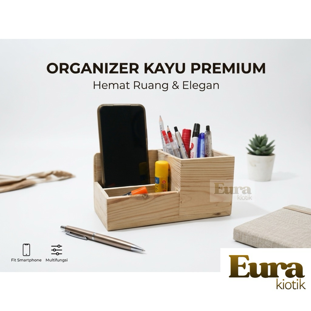Tempat HP Kayu Multifungsi + Organizer Alat Tulis | Rak Meja Minimalis Estetik | Stand Smartphone Ho
