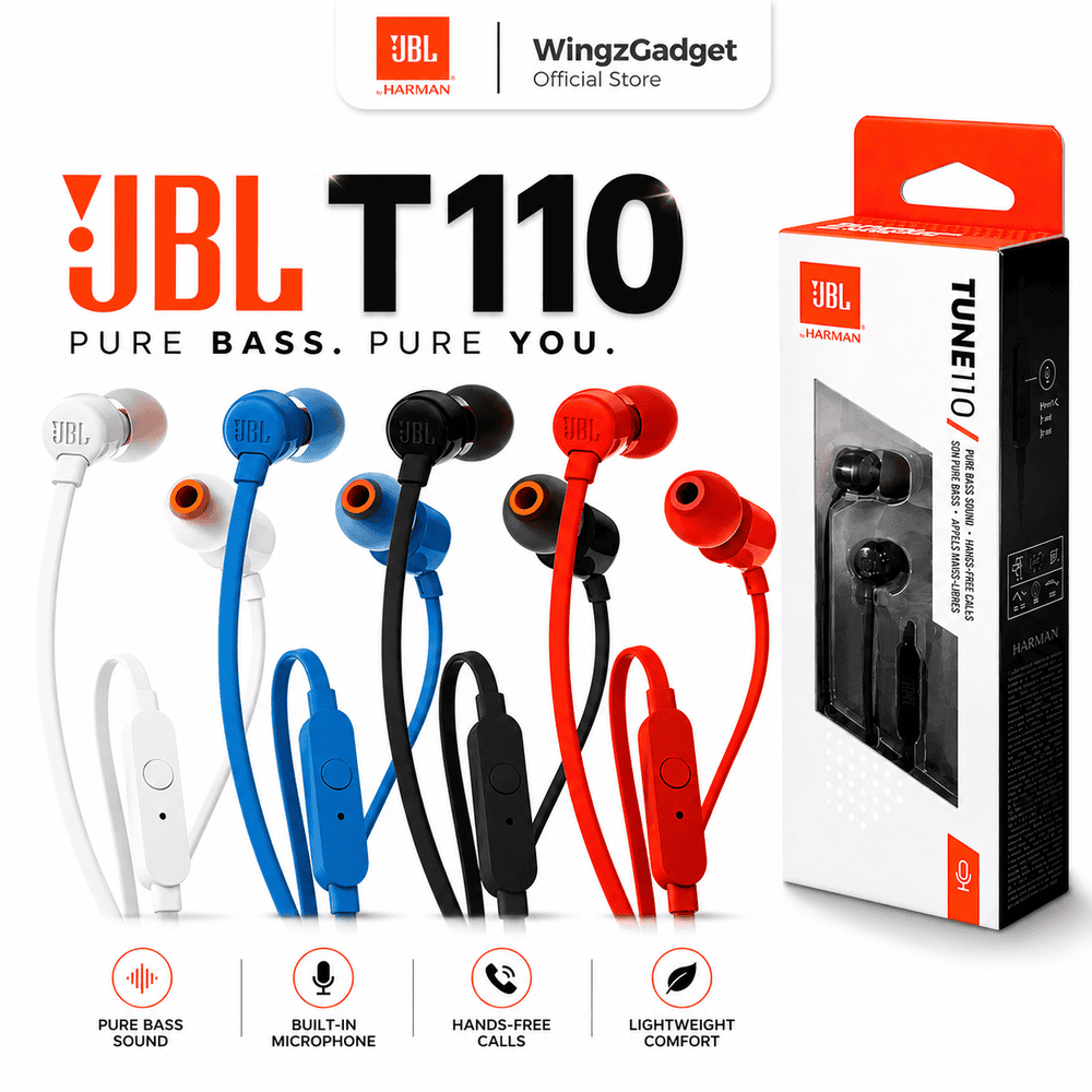 JBL T110 Earphone Original Pure Bass Headset Kabel Mic HD Audio