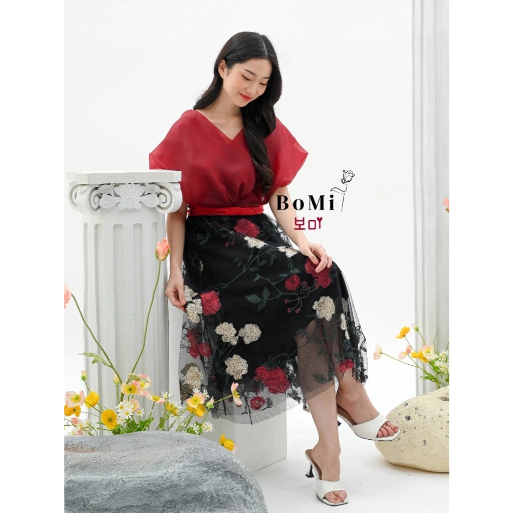 Circle Skirt Flower Mawar Korean | Kode D - Rok Premium Tutu Tile Motif ROSE Timbul Bunga 3 Lapis de